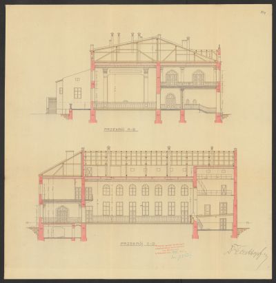 "PROJEKT GMACHU STOWARZYSZENIA BETH JEHUDA NA PARC. 105/1 PRZY UL. OGRODOWEJ" autorstwa Ludwika i Karola Holzerów z 1911 roku. Elewacja zachodnia od ul. Grunwaldzkiej i elewacja południowa od ul. Kopernika. Zbiory Archiwum Państwowego w Rzeszowie